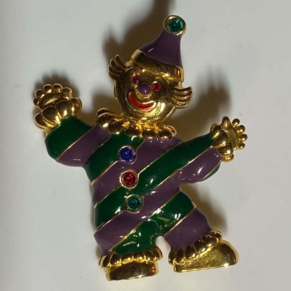 Clown Enamel Brooch Vintage Gold Tone 2" Rhinestones Purple Green Pin Jewelry